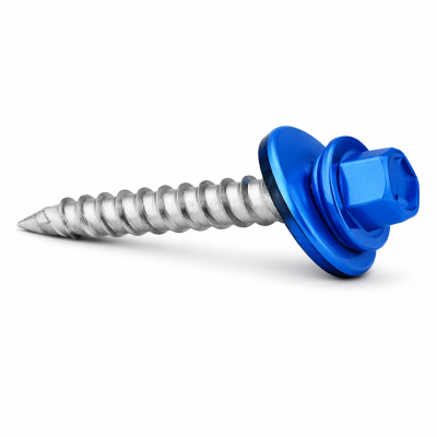 Vis à tôle Bleu Royal #9 2" photographiée sur fond neutre avec mise au point sur le filetage et la finition bleu royal.