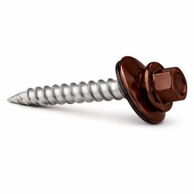 Vis à tôle #9 2" brun café photographiée sur fond neutre avec focus sur la tête et le filetage.