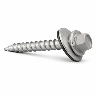 Vis à tôle #9 2" galvanisée photographiée sur fond neutre avec mise au point sur la tête hexagonale