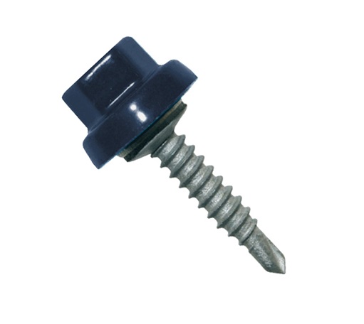 Vis à tôle no 9 2" bleu ardoise photographiée sur fond neutre avec mise au point sur la finition et le filet