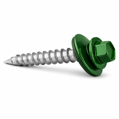 Vis à tôle #9 2" vert moyen photographiée sur fond neutre avec mise au point sur la tête hexagonale