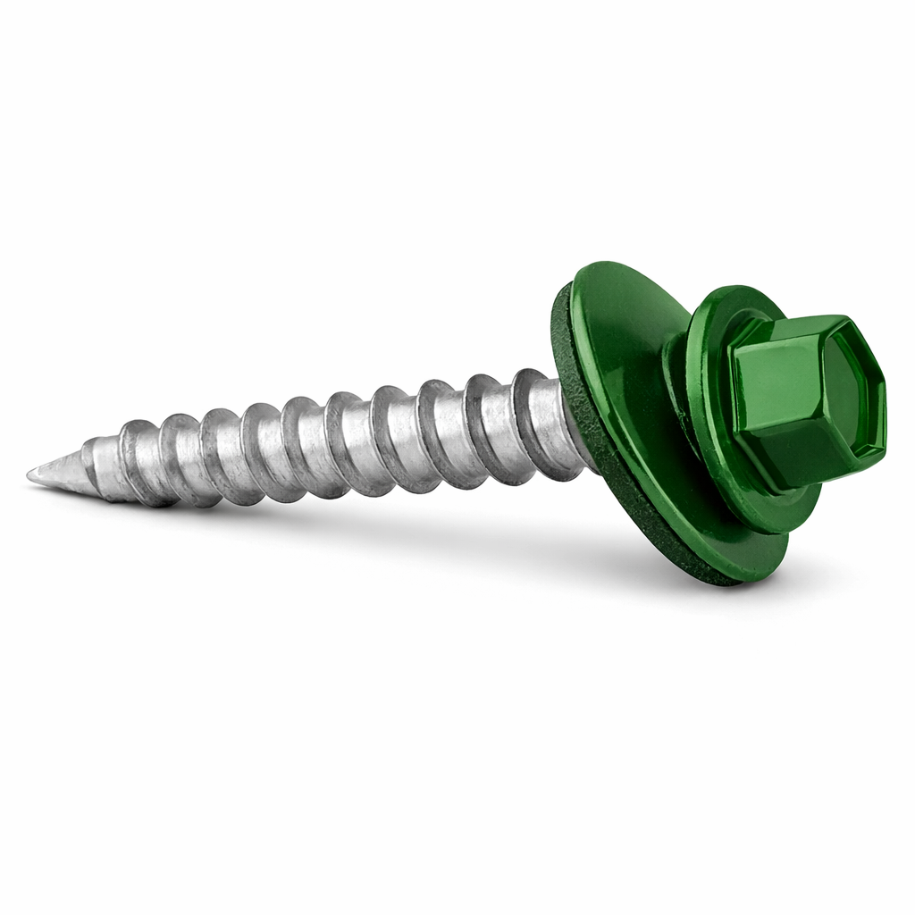 Vis à tôle #9 2" vert moyen photographiée sur fond neutre avec mise au point sur la tête hexagonale